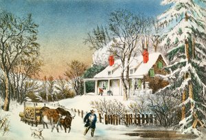 Bringing Home the Logs, Winter Landscape, 1800-tallet af N. and Ives, J.M. Currier
