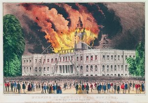 Afbrænding af rådhuset, New York, natten til den 17. august 1858 af N. and Ives, J.M. Currier