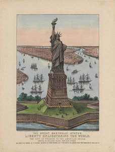 Den store Bartholdi-statue – Liberty Enlightening the World, 1885 (håndfarvet litografi) af N. and Ives, J.M. Currier