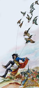 Baron Münchhausen bliver båret væk af ænder (gouache på papir) af Nadir Quinto