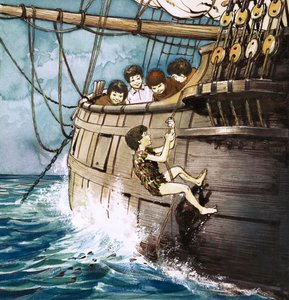 Peter Pan klatrer om bord, illustration fra 