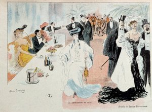 At the night restaurant Parisians of the bourgeoisie in evening clothes at the restaurant, bottles of champagne on the table, an orchestra plays at the back of the hall. Drawing by Jehan Testevuidedani af Nagayama Koen