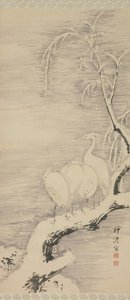 Hejrer i sneen, ca. 1840. af Nakabayashi Chikuto