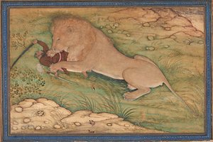 Perils of the Hunt, A Lion pounces on a Hunter, ca. 1615 (ugennemsigtigt wc på silke) af Nanha