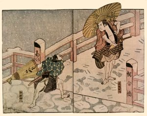 Barfodede mænd med parasoller i sneen, 1811, 1924. af Naniwa Shunkosai