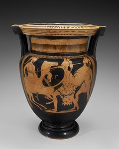 Terracotta-søjlekrater med rød figur med kampscene, 460-450 f.Kr. (terracotta) af Naples Painter (attr. to)
