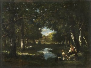 Mand og hund hviler i Forest Glade (olie på lærred) af Narcisse Virgile Diaz de la Peña