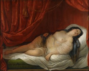 En odalisque i rødt interiør, begyndelsen af 1800-tallet.