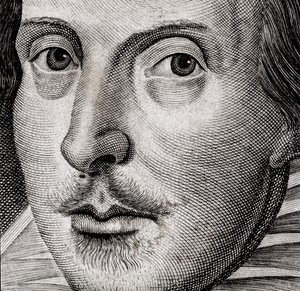Detalje af portræt af William Shakespeare på frontispice af Comedies, histories,  t... af Nathan Benn