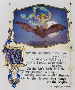 Illumineret side fra en bog med Shakespeare-sonetter viser en scene fra Stormen af Nathan Benn