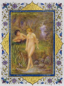 Illumineret side fra en bog med Shakespeare-sonetter med nøgen kvinde i pastoral fanta... af Nathan Benn
