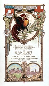 Hane og monumenter, banketmenu for den republikanske komité for handel, industri og landbrug tilbudt 22.11.1906 til delegerede fra City of Londons internationale kommercielle sammenslutning af Nathan Weill