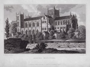 Rippon Minster (gravering) af Nathaniel (after) Whittock