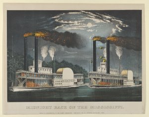 Midnatsløb på Mississippi, 1875., 1875. Skabere: Nathaniel Currier, James Merritt Ives, Currier og Ives. af Currier and Ives