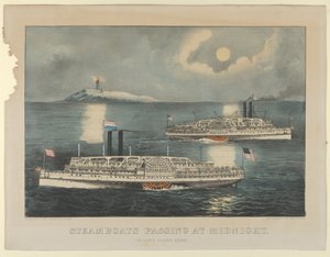 Dampbåde passerer ved midnat - On Long Island Sound, 1872-74., 1872-74. Skabere: Nathaniel Currier, James Merritt Ives, Currier og Ives. af Currier and Ives