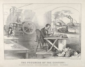 Århundredets fremgang - Lyndamppressen. Den elektriske telegraf. The Locom..., 1876. Skabere: Nathaniel Currier, James Merritt Ives, Currier og Ives.