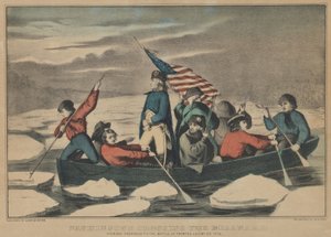 Washington krydser Delaware - aften før slaget ved Trenton, december ..., 1857-71. Skabere: Nathaniel Currier, James Merritt Ives, Currier og Ives. af Currier and Ives