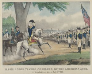 Washington overtager kommandoen over den amerikanske hær - i Cambridge, Massachusetts, 3. juli, 17..., 1876. Skabere: Nathaniel Currier, James Merritt Ives, Currier og Ives. af Currier and Ives