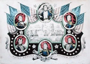 Slaget ved Lake Erie med portrætter af amerikanske flådehelte af Nathaniel Currier