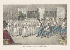 Shakers nær Libanon, ca. 1830 (håndkoloreret litografi) af Nathaniel Currier