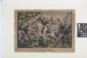 U.S. Dragoons, der skærer sig vej gennem en mexicansk ambuscae (håndfarvet litografi) af Nathaniel Currier