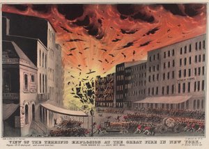 Udsigt over den forrygende eksplosion ved den store brand i New York. Fra Broad St. - 19. juli 1845