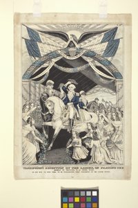 Washingtons reception af damerne ved at passere broen ved Trenton (håndfarvet litografi) af Nathaniel Currier