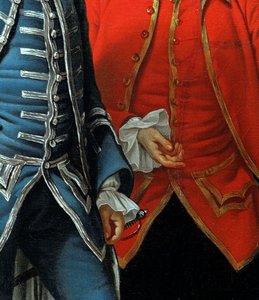 James Grant af Grant, John Mytton, den ærede Thomas Robinson og Thomas Wynne, c.1760 detalje af 162478 olie på lærred af Nathaniel Dance Holland