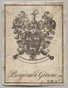 Bogplade: Våbenskjold med Benjamin Greene indskrevet