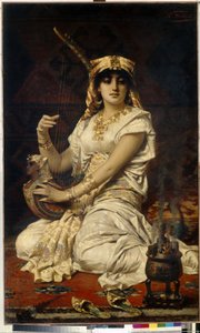 Almee (Almee). Portræt af en smuk, lærd og uddannet kvinde, der spiller musik, klædt i et egyptisk kostume. Maleri af Nathaniel Sichel (1843-1907), olie på lærred