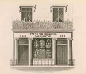 Butiksfacade i jonisk stil for Messrs Storr and Mortimer, guldsmede og guldsmede, nr. 156, Bond Street, London af Nathaniel Whittock