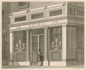 Butiksfacade til Astell, Wine and Spirit Warehouse, Grafton Street, Tottenham Court Road af Nathaniel Whittock
