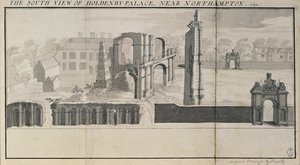 Holdenby House og ruinerne set fra syd, som det sås i 1729 af Nathaniel and Samuel Buck