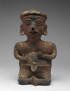 Mandsfigur, del af siddende par, 300 BC-AD 300 (lertøj med slip)