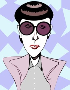 Edith Head, amerikansk kostumedesigner (1907 - 1981), farvekarikatur med mørke briller af Neale Osborne