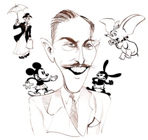 Walt Disney, amerikansk filmproducent, forretningsmagnat, tegneserieskaber og animator; karikeret med Mary Poppins af Neale Osborne