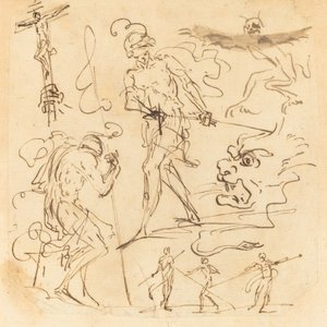 Ark med studier med en soldat, der tegner et sværd, et krucifiks, monstrøse dyr og andre figurer af Neapolitan 17th Century