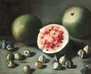 Vandmeloner og figner på en stenkant af Neapolitan School