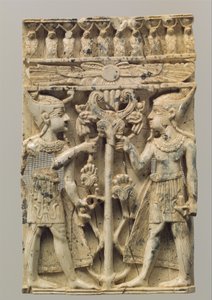 Møbelplade udskåret i højt relief med to egyptiske figurer flankerende et voluttræ, ca. 9.–8. århundrede f.Kr. (elfenben) af Neo Assyrian