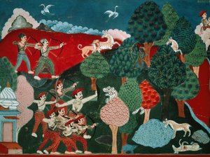 En konge, der bruger sine dage på at dræbe fattige gazeller uden grund, senere, i et andet liv, er han gazelle og bliver dræbt af jæger, detaljer fra Swayambhu Purana, vigtig buddhistisk hellig tekst i Nepal, gouache, nepalesisk civilisation af Nepalese School