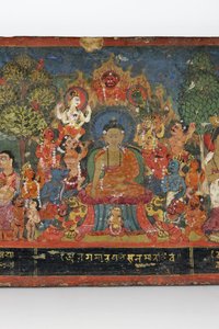 Detalje fra et buddhistisk manuskriptomslag (ugennemsigtigt wc på træ)