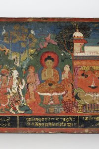 Detalje fra et buddhistisk manuskriptomslag (ugennemsigtigt wc på træ)