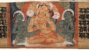 Folio 2r Goddess Prajnaparamita, fra Astasahasrika Prajnaparamita (blæk & farver på palmeblade og træ) (detalje af 430760) af Nepalese School