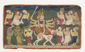 Mahalakshmi rider på sin løve, fra Devimahatmya, ca. 1750 (ugennemsigtigt wc på papir) af Nepalese School