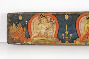 Manuskript til De fem beskyttelser, forside, 1138 (ugennemsigtigt toilet og blæk på træ) af Nepalese School