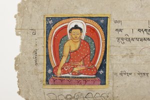 Side fra et buddhistisk manuskript, muligvis fra Mahashitalanika, ca. 1400 (ugennemsigtig akvarel og blæk på papir) af Nepalese School