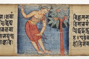 Sudhana stående ved siden af et træ, fra Gandavyuha (ugennemsigtigt toilet og blæk på palmeblad) af Nepalese School
