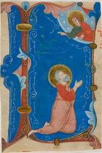 Bedende hellig (Moses?) med Kristus i en historisk initial "L", fra en korbog