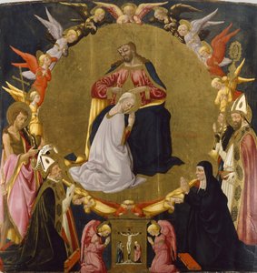 Jomfruens kroning med engle og fire hellige, ca. 1470-75 (tempera og bladguld på panel)