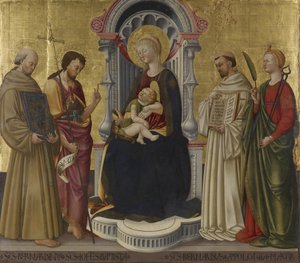 Jomfru og barn på tronen med fire hellige, ca. 1450 (tempera og guld på panel) af Neri di Bicci